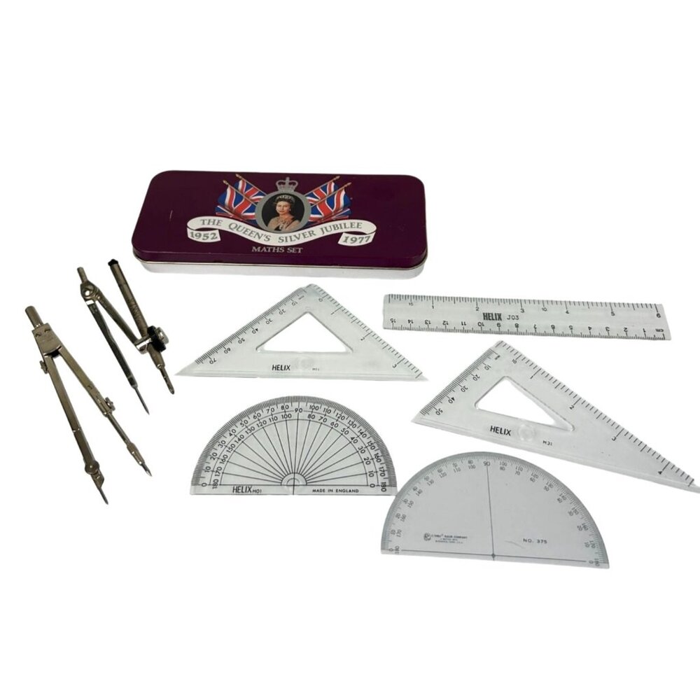 1977 Queen Elizabeth's Silver Jubilee Math Set Tin Compass Protractor Rulers VTG